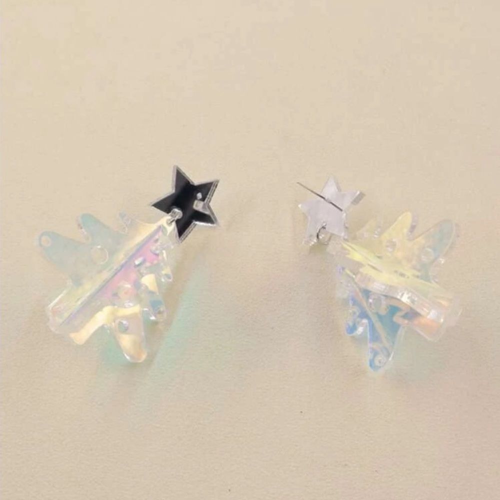 Holographic Holiday Christmas Tree Star Dangle Drop Earrings - Picture 3 of 5